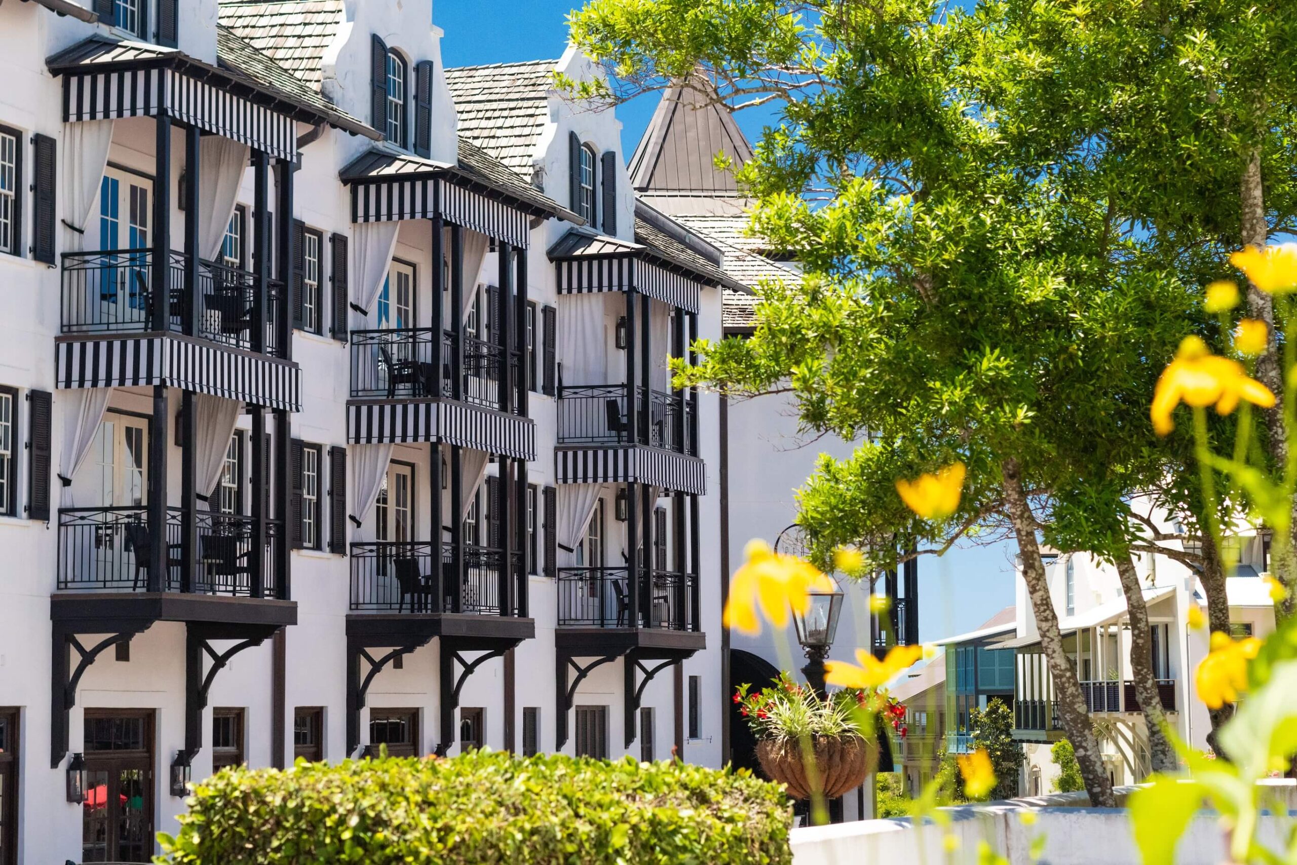 The Pearl Hotel in Rosemary Beach, FL, a luxurious beachfront destination with stunning architecture and Gulf views.